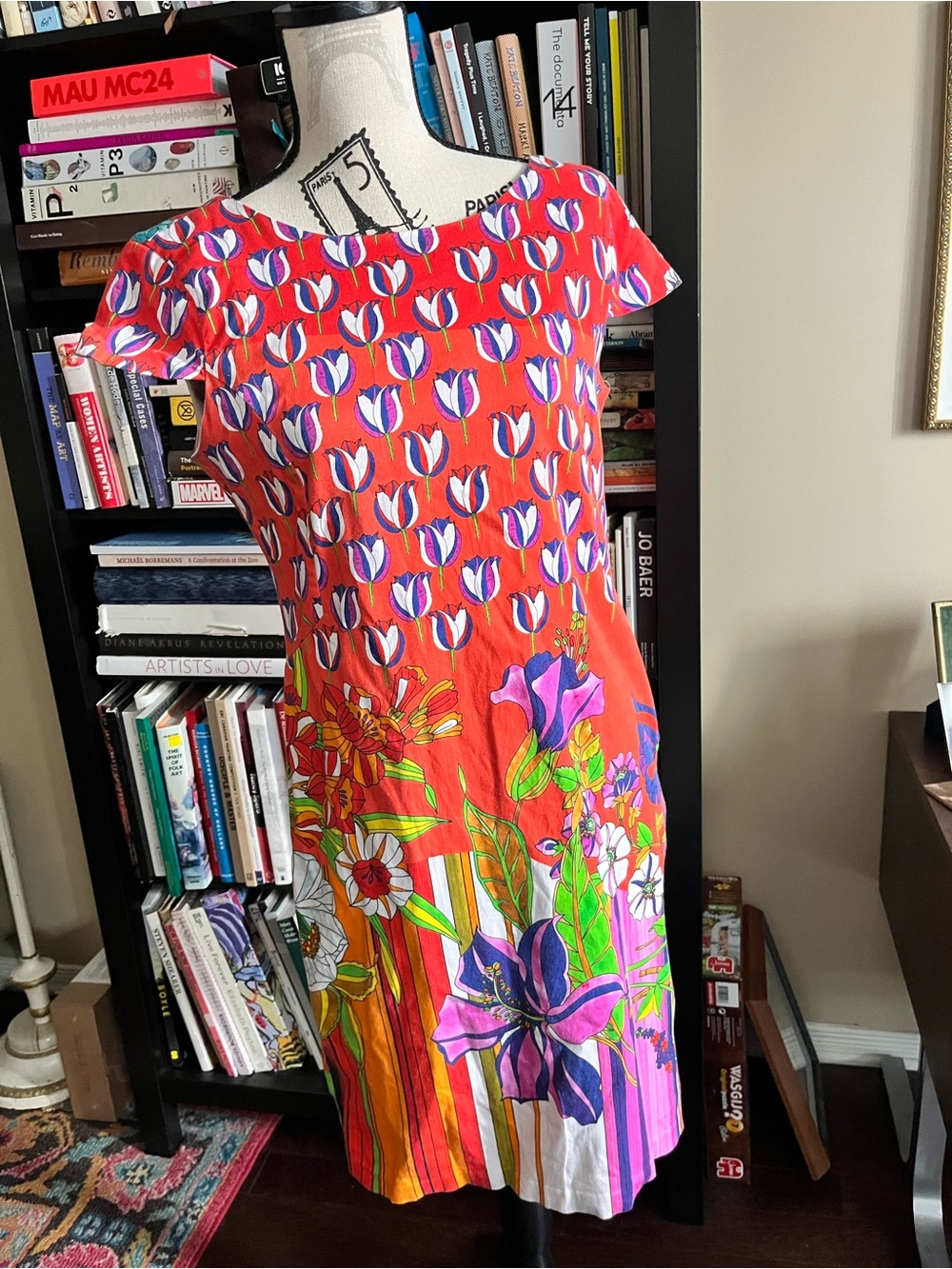 Vintage Paul Brial Bright Floral Midi Dress in Red and Multicolor 8-10 - Picture 2 of 7